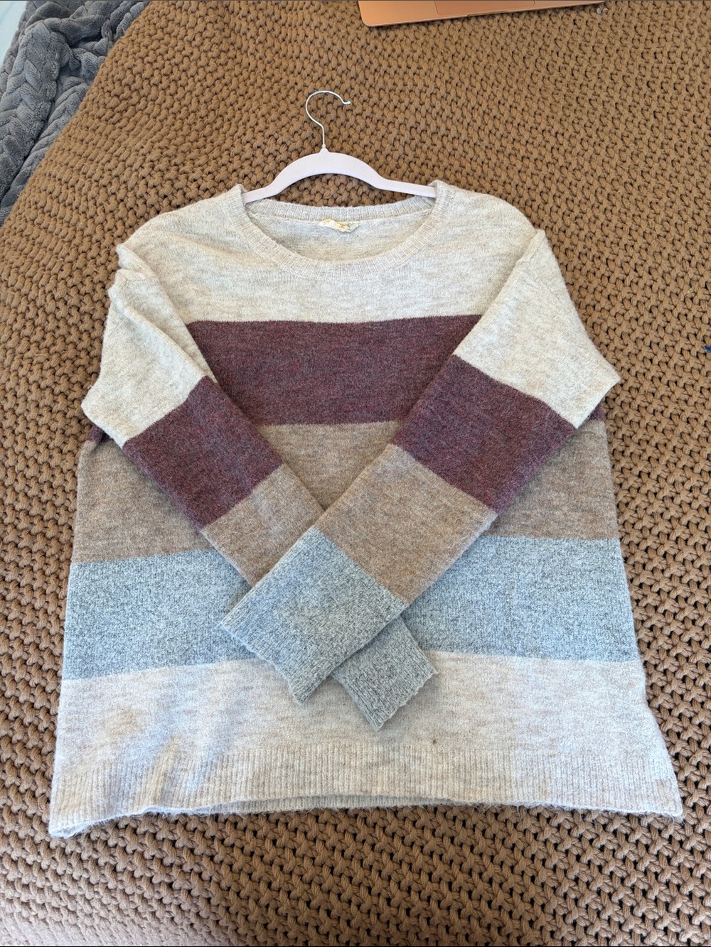 Mystree Striped Crewneck Sweater in Burgundy, Taupe & Light Blue